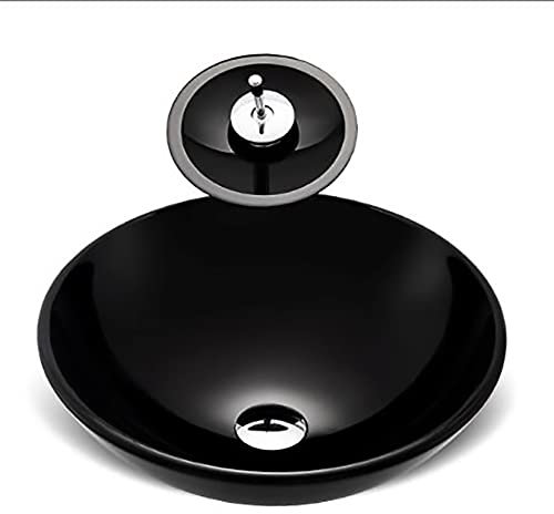 XMZFQ Badezimmer Vanity Sink Schwarz 12mm gehärtetes Glas über Gegen Waschbecken mit Wasserfall-Chrom-Hahn Combo,C