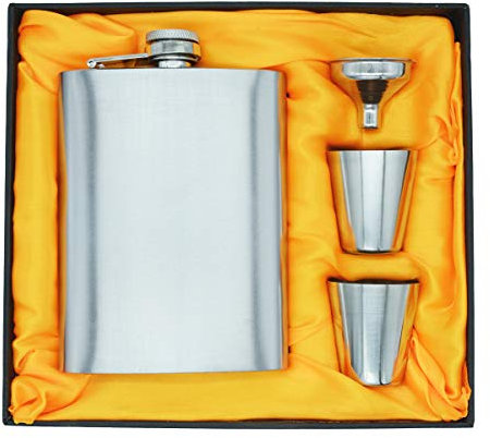 Famgee 304 Stainless Steel Hip Flask Set Silver Leak Proof Flask for Liquor Alcohol with 2 Shot Glass & 1 Funnel & Gift Box Set 7 oz