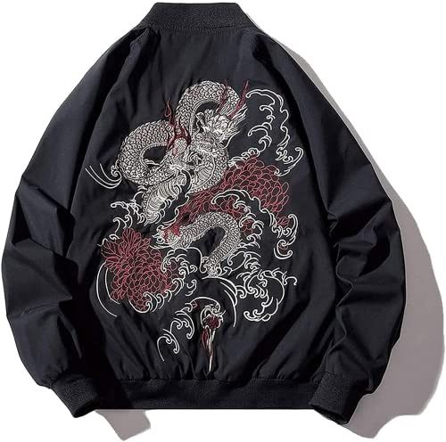 XYXIONGMAO Japanese Dragon Men'S Hip-Hop Clothing Oversized Men Bomber Jacket Couple Streetwear Pilot Jacket (black, L)