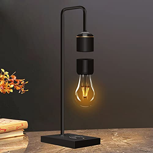 MODIRNATION Unique Modern Levitating Lamp with Floating Light and Built-in Qi Wireless Charger, Simplistic and Innovative Design, Warm Decorative Night Light (Black Bulb)