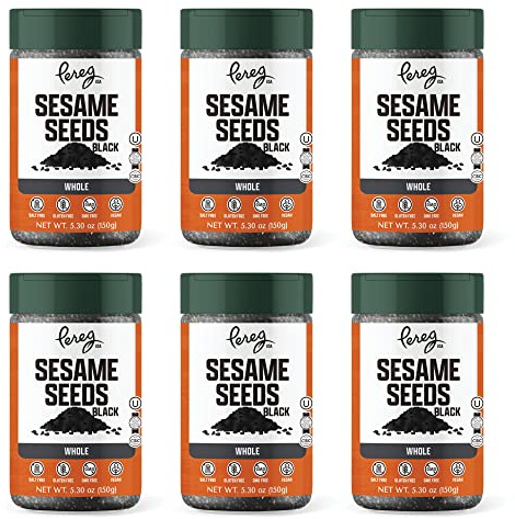 Pereg Black Sesame Seeds - (5.3 Oz x 6 Pack) - Rich Dark Color - Unhulled & Raw Sesame Seeds - Crunchy & Nutty Flavor - Keto-Friendly - Vegan - Non-GMO - Kosher Certified