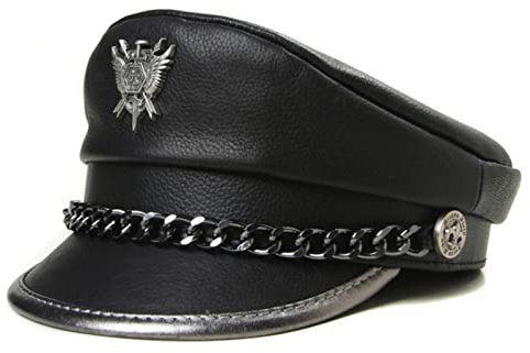 Wdhybwcx Neuheit Winter Herren Echtes Leder Hut Männlich Flat Top Badge Lokomotive Retro Military Caps Studenten Punk Cortical Chain Gorra-schwarz, 55 56 cm
