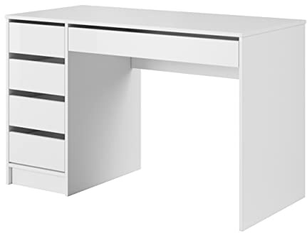 Furniture24 Schreibtisch Ada mit 5 Schubladen Weiß matt/Weiß Glanz fronten