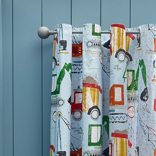 Catherine Lansfield Kids Digger Dreams Fully Reversible 66x72 Inch Eyelet Curtains Two Panels Blue