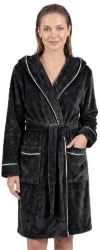 Gräfenstayn Peignoir Femme moelleux avec Capuche - Polaire moelleuse - Oeko-Tex Standard 100 - Peignor de bain Court - Taille (S, Noir)