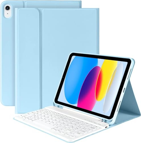 KBCASE Coque Clavier pour iPad A16 11/10 Ème Generation (11 Pouces 2025/10.9 Pouces 2022), Étui Keyboard Bluetooth sans Fil pour iPad 10eme/11eme A16 avec Porte Crayon AZERTY Français,Blu