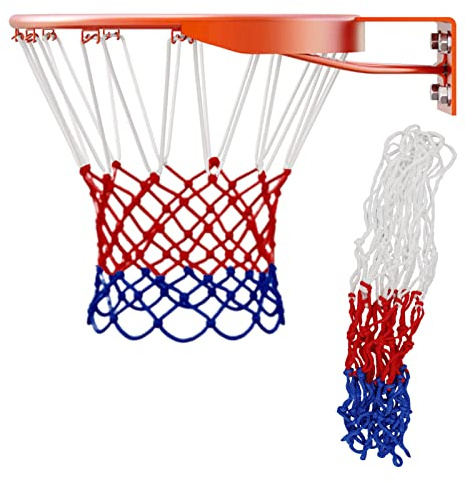 SZCXDKJ 2xBasketballnetz-Ersatzteile, dreifarbig, robuste Basketballnetze mit 12 Schlaufen, passend für alle Basketballkörbe, stabiles Nylon-Basketballnetz für drinnen und draußen, Basketballtraining