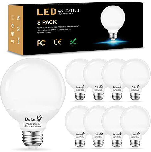 Dekang 8 Pack E26 Base Bathroom Light Bulbs 3000K Soft White, G25 LED Globe Light Bulbs 60Watt Incandescent Equivalent, Round Light Bulb for Vanity Mirror, 5W, 500LM, Non-Dimmable