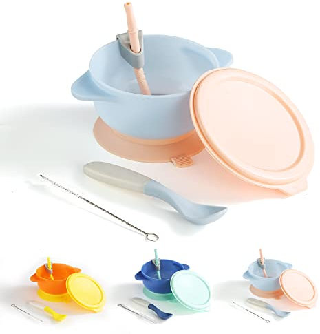 Kyraton Baby Bowls, Cuencos de succión para bebé con paja y cucharas, tazón ligero irrompible y reutilizable para leche, sopa o helado, antideslizante y duradero (azul claro)