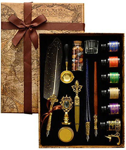 Rianpesn Federstift und Tintenset - Vintage Kalligraphie Federstift zum Schreiben,Tauchstift, Siegelwachs, Siegelstempel, Löffel, Umschlagwerkzeug, bestes Geschenkset zum Schreiben, Zeichnen