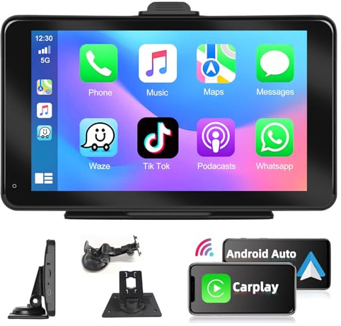 Podofo 2024 Nuevo Portátil Radio Coche con Inalámbrico Apple Carplay y Android Auto, 7 Pulgadas HD Pantalla Coche Estéreo con Bluetooth Manos Libres/Enlace Espejo/FM transmisor/Airplay/Tarjeta TF
