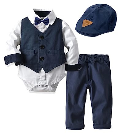 Volunboy Trajes para Bebé Niños de Boda, Bautizo Conjunto de Chaleco, Camisa, Pantalón, Pajarita(18-24 Meses,Azul Marino,Tamaño 90)