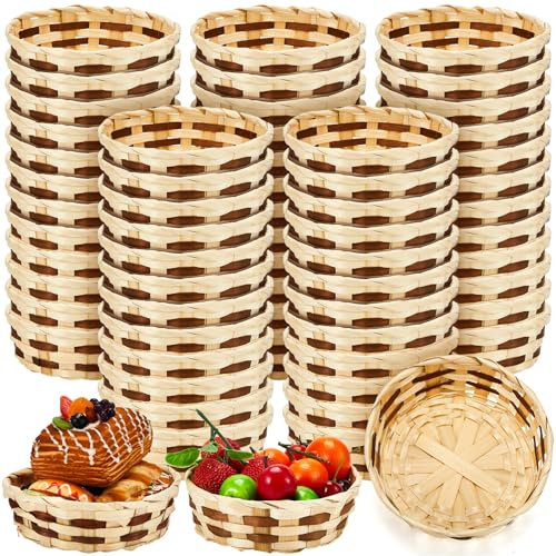 Sintuff 60 cestas pequeñas tejidas redondas de bambú para regalo, 6.5 x 2 pulgadas, cesta de mimbre para pan, frutas, cestas vacías para servir alimentos, para picnic, cocina, restaurante