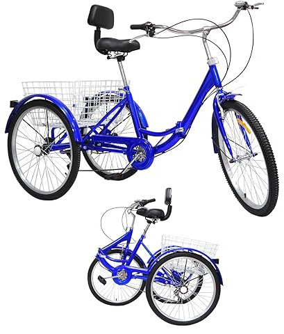 BJTDLLX 24 Zoll Klapprad Dreirad, Dreirad für Erwachsene, Senioren Erwachsenendreirad, Luxus 7 Gang Falt mit Korb und Licht Upgraded 3-Rad