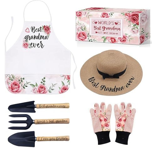 Set di Attrezzi da Giardinaggio, 6 Pezzi Utensili da Giardino Kit Bonsai con Grembiule, Guanti, Cappello di Paglia e 3 Vanghe, per la Cura di Piante, Regali per Genitori e Bambini