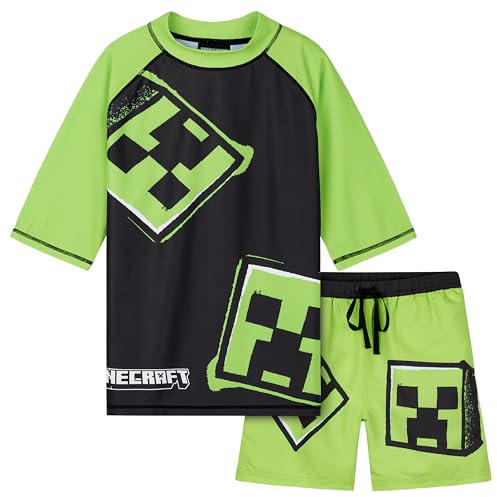 Minecraft Baddräkt för pojkar, tvådelad baddräkt – simning och badshorts, Ljusgrön/svart, 7-8 År