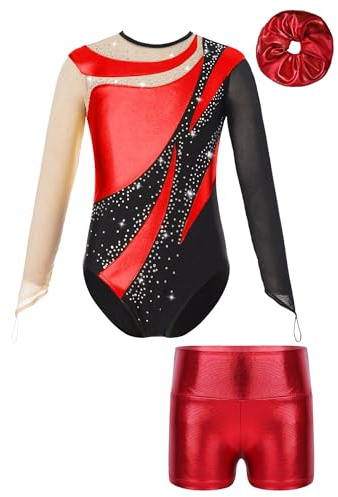 iiniim Kinder Mädchen Turnanzug Gymnastikanzug Trikotanzug Glänzend Gymnastik Leotard mit Shorts Haarband Wettbewerb Tanzkostüm Rot 110-116