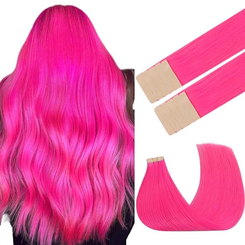GOO GOO Farbige Tape Extensions Echthaar, 45cm 25g 10 Stk., #Pink | Remy Echthaar, Seidig Weich, Verfilzungsfrei, Unsichtbare, Starker Halt, Langlebig, für Feiern, Partys, Hochzeit, Festivals
