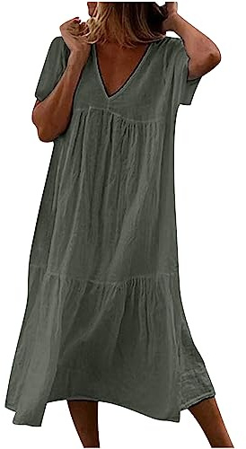 Vestidos Verano Mujer 2024,Corte Suelto Vestido Mujer con Cuello en Pico Moda Color Solido Vestido Largo Verano Mujer Plisado Vestidos Playeros de Manga Corta Informal Maxi Vestidos