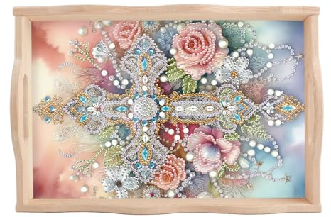 DCIDBEI Diamond Panting Bandeja para Servir Pintura Diamante Bandeja con Asas 30x20cm Puzzle Diamantes Bandeja de Cocina Pintar con Diamantes Plato para Servir Bandeja para Desayuno Cruz Flores