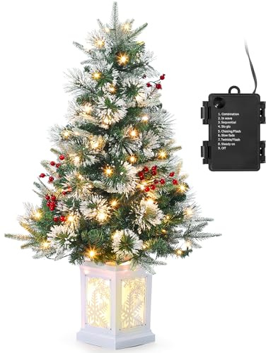 90cm Weihnachtsbaum künstlich mit 78 Beleuchtung,Batteriebetrieben Pre-lit Premium Snow Flocked Künstlicher Weihnachtsbaum mit roten Beeren Weihnachten deko für Zuhause, Büro, Weiße Basis