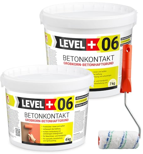Level Plus 06 Betonkontakt Haftgrund mit Quarzsand für Beton & Keramik - Putzgrund und Haftbrücke für Innen & Außen - Grundierung für saugende und schwach saugende Untergründe - 11kg & Farbroller 10cm