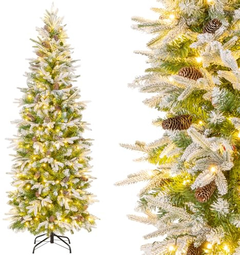 GYMAX 190 cm Albero di Natale Innevato Slim, con 671 Punte di Ramo, 280 Luci LED e 60 Pigne, Folto e Realistico, Decorativo Preilluminato per Casa Ufficio, Base Pieghevole in Metallo (1.9 m)