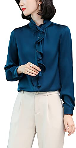 E-girl S3391 - Camicia da donna in seta, a maniche lunghe, con colletto alto, in seta, Blu scuro, 44