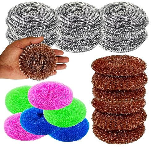 18-teiliges Küchen-Scheuerset – Kupferbeschichtetes Polypropylen-Edelstahl-Schrubber für Töpfe, Pfannen, Grills, kratzfeste Geschirr-Scheuerpads, strapazierfähig, wiederverwendbar, Reinigungswerkzeuge