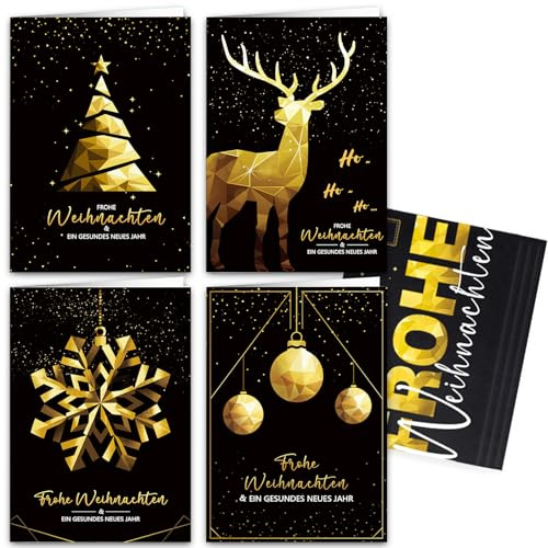 Weihnachtskarten mit Umschlag 12er Set, Modern Weihnachtskarte mit 4 Motive, Hochwertig Christmas Cards, Klappkarten Weihnachtspostkarten, Weihnachtsgruß, Frohe Weihnachten Karte, Merry Christmas