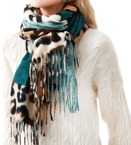 Soudittur Bufanda Mujer Invierno, Pañuelo Cuello Mujer Leopardo, Largas Grandes Mantón de Pashmina Chales para Mujer Bufanda Elegante con Flecos(Verde)