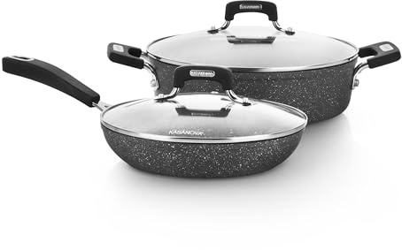 KASANOVA Batteria pentole 4 pezzi New Petra Dark, Set pentole e padelle induzione e forno fino a 180°C, Set antiaderente con padella, casseruola e coperchi vetro