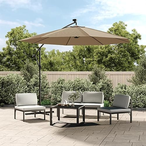 Homgoday Sombrilla voladiza con Luces LED y Poste Acero Taupe 300 cm Sombrilla voladiza Parasol Excentrico, Sombrilla de Jardín Protección UV