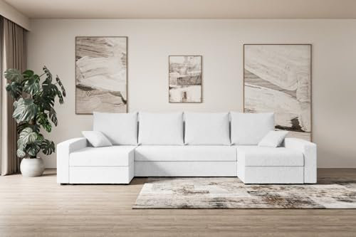 ALTDECOR Ecksofa mit Schlaffunktion und Bettkasten Corner Sofa Eckcouch Couch U-Form universal, Links/rechts angeordnet Schlafcouch Ausziehbar Wohnlandschaft Alesia-U - 301x140x90cm Weiß