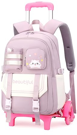 ETAISHOW Cat Print Rolling Backpack for Girls Kids Backpack with Wheels Roller Bookbag Preschool Trolley School Bag Wheeled Bag Purple