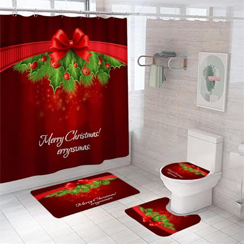 Badezimmerteppich Rote Weihnachten Badteppich rutschfest Waschbar Badgarnitur 3 Teilig – Badematte Set Mit Wc-Vorleger Und Badematte,Teppich Badezimmer Für Sicherheit Und Komfort Im Bad 45X75Cm