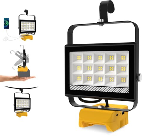 Akku Lampe Kompatibel mit Dewalt 18V, T-SUNUS 60W Kabellose LED Arbeitsleuchte Akku mit 2 Helligkeiten, Tragbarer Baustrahler Flutlichter für Gärten, Garagen Camping, Notfall(ohne Akku)