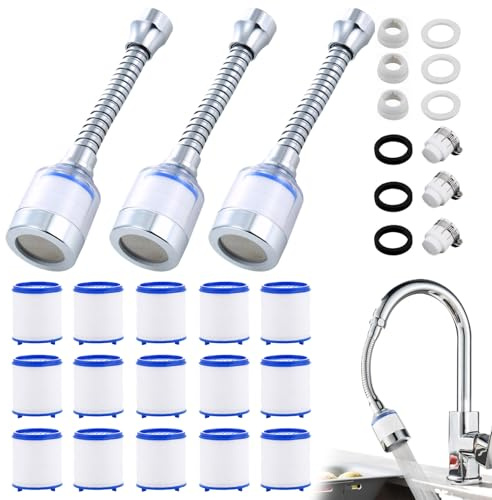 3 Stück Wasserhahn Filter,360° Wasserfilter für Wasserhahn,Kommt mit 15 Filterkartuschen,Einfach zu Verwenden,Korrosionsbeständigkeit,Geeignet für Küche,Spüle,Bad
