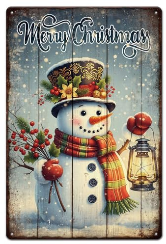 GLOBLELAND Christmas Snowman Metal Tin Sign 8x12in Merry Christmas Vintage Painting Tin Signs Wall Poster Plaque for Living Room Christmas Fireplace Office Desk Bedroom Coffee Table Party