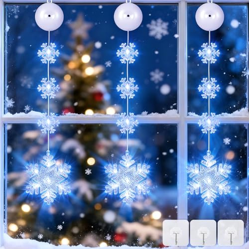 NLMWTI Weihnachtsbeleuchtung Fenster 3 Stück, Schneeflocke Beleuchtet Weihnachtsdeko Innen mit Batteriebetriebene, 10 LED kühlesweiß Lichterkette Sterne für Fenster Deko Weihnachten Deko, Balkon, Part