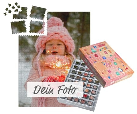 Persönlicher Puzzle Adventskalender - mit eigenem Bild als Fotopuzzle personalisierbar, 1000 Puzzleteile passend vorsortiert, jeden Tag ein passendes Puzzlesegment - Design Farbenfroh