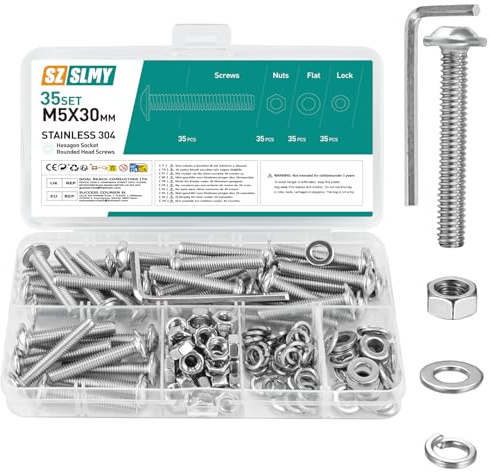 35 Set M5 Bolts Set, M5 x 30mm Flanged Button Head Screws, and Nuts Set, 304 Stainless Steel Allen Socket Bolts and Nuts Set, with 1 Hex Spanner Wrench
