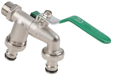 Helilyco Doppelauslass Messing Garten Wasserhahn mit 3 4 Zoll Einlass Zwei Schlauchverbinder, für den Außenbereich Wassersplitter Verwendung, Grün, 1 Set