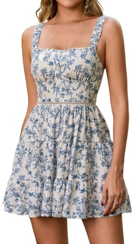 Parthea Summer Floral Mini Corset Dress Bluefloral | Women Square Neck Smocked Ruffle Lace A Line Garden Party Short Dresses for 2026