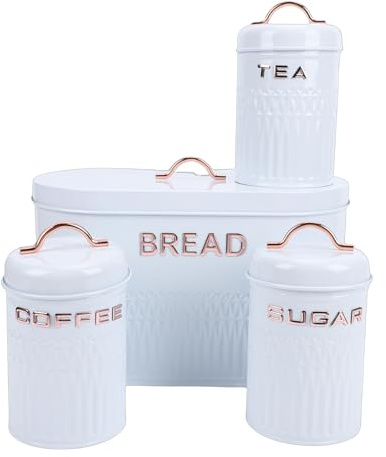 HELEVIA 4PCS Bread Box and Canister Set, Food Grade Iron Coffee Tea Sugar Storage Container, Metal Bread Box Set, for Kitchen Countertop (White)