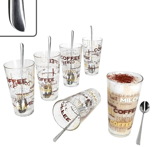 MamboCat Candy Latte Macchiato Gläser 300ml mit Twist Latte Macchiato Löffel L19cm I 6 Personen I 6x stapelbare Gläser mit Schrift Dekor & 6x lange Löffel aus 18/10 Edelstahl