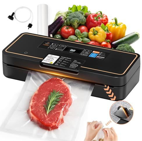 UPRUBE Vacuum Sealer for Food, 95kPa Food Saver Vacuum Sealer Machine, 135W Fast-Sealing with Easy Tear Cutter, Built-in Bag Storage, 9-in-1 Compact Food Vacuum Sealer Machine with 10 ft Bag Roll