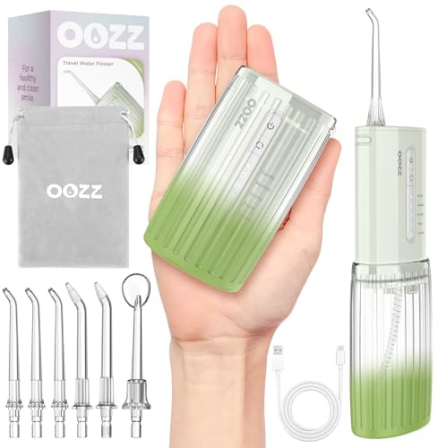 OOZZ Resevattenflosser, bärbar ficktandtråd, USB-C uppladdningsbar oral irrigator med 5 lägen, 6 jetspetsar och läckagesäker design, trådlös spolare, IPX8 vattentät, OZ-7213