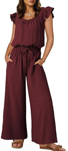 QUNERY Jumpsuit Donna Estiva Elegante Tuta con Scollo Quadrato Salopette Comoda Outfit Casual con Coulisse e Tasche