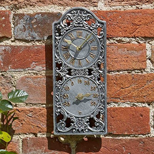 Homezone® Large Vintage Retro Style Home Decor Garden Clock Indoor Outdoor Wall Clock Decorative Fence Ornament Thermometer Barometer Mountable Weatherproof Weather Station Thermometer Hygrometer